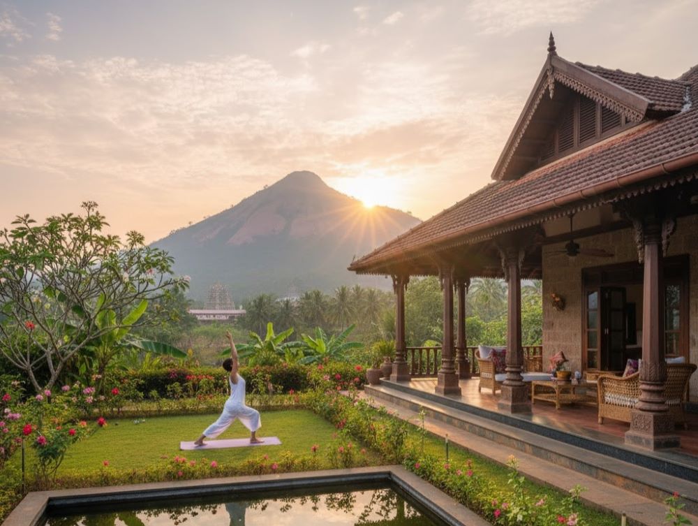 Serene sunrise yoga at the best homestay in Tiruvannamalai by Adiya Properties, overlooking Arunachala Hill and a tranquil garden.