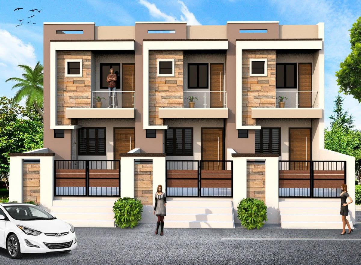 Modern 2BHK duplex house for sale in Tiruvannamalai under 80 lakhs, featuring large windows, a terrace, and the Arunachala hill in the background. Ideal for family living and investment.