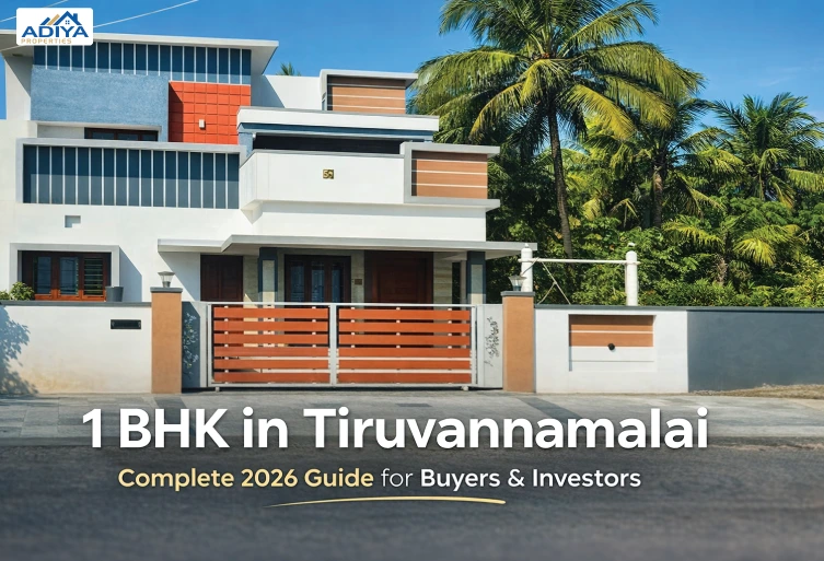 1 BHK house in Tiruvannamalai with modern design and gated entrance surrounded by greenery
