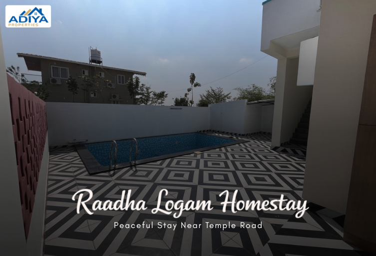 Raadha Logam Homestay near Temple Road Tiruvannamalai with private swimming pool and modern courtyard