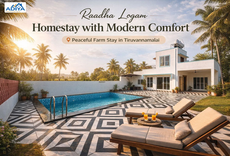 Raadha Logam homestay farmhouse in Tiruvannamalai with private swimming pool surrounded by greenery and palm trees