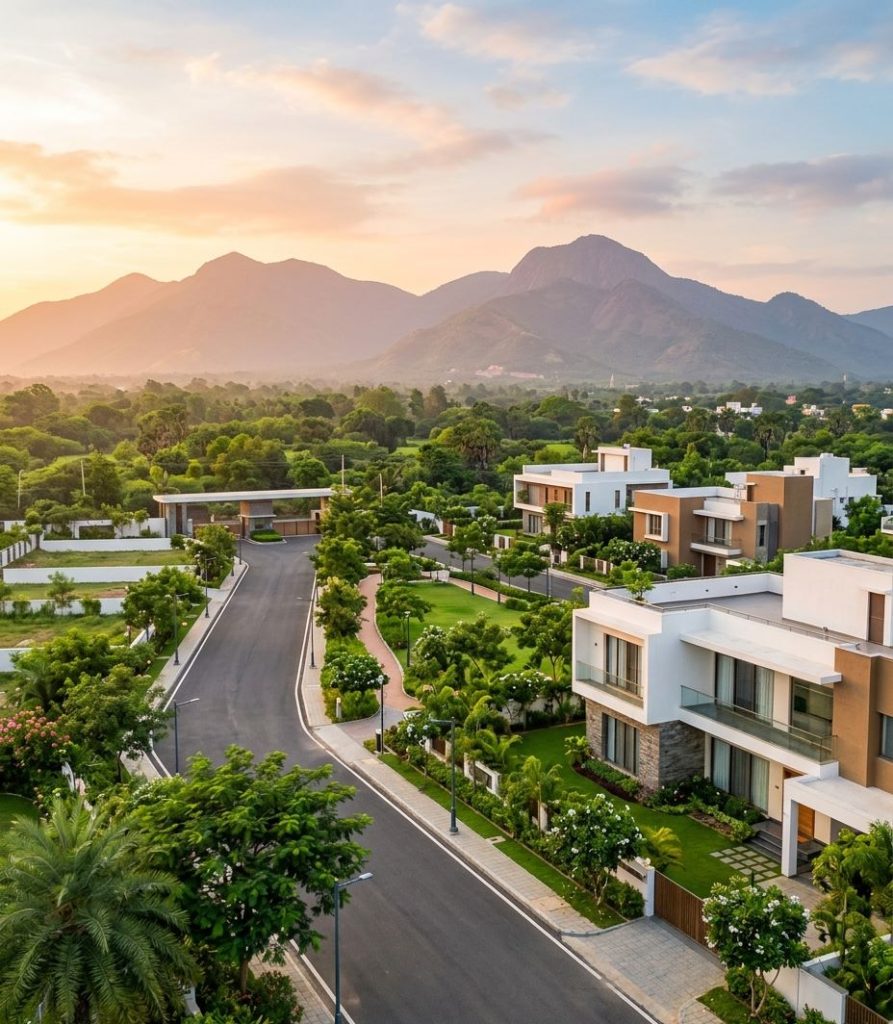 Premium gated residential community of Diyaa Enclave near Tiruvannamalai featuring modern villas, plotted development, green landscape, and mountain view near Bangalore Highway