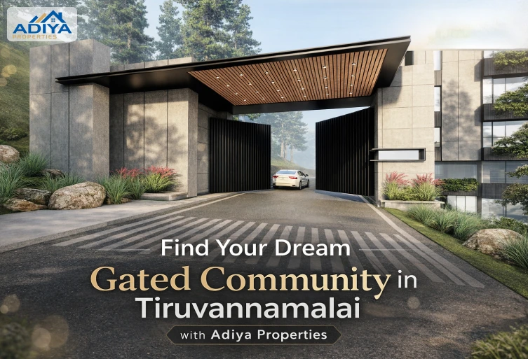Gated community entrance in Tiruvannamalai by Adiya Properties with modern security gate and landscaped surroundings