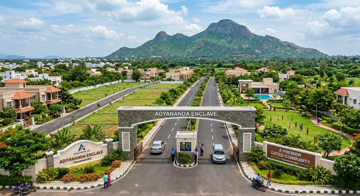 A wide view of a modern gated community layout showing paved roads and green parks.