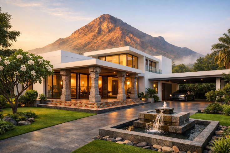 A modern 3-BHK luxury house in Tiruvannamalai featuring an unobstructed view of Mount Arunachala and landscaped gardens.
