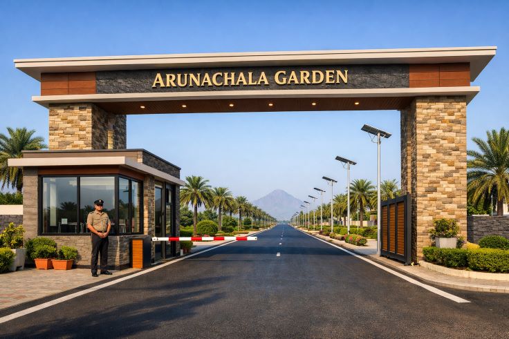 A modern 2 BHK luxury gated community villa in Tiruvannamalai with a paved driveway, landscaped garden, and views of the surrounding hills.
