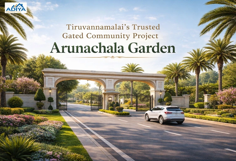 Modern gated community entrance with security gate and landscaped roads in Tiruvannamalai