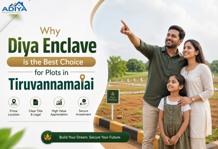 Modern real estate thumbnail showing a happy family standing on a plotted land site with the headline “Why Diya Enclave is the Best Choice for Plots in Tiruvannamalai”