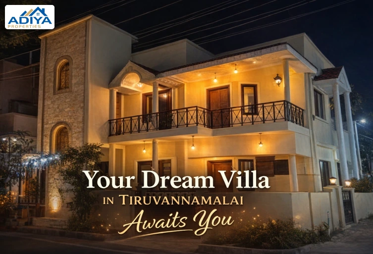 Luxury independent villa in Tiruvannamalai with modern architecture and warm lighting showcasing premium residential living by Adiya Properties