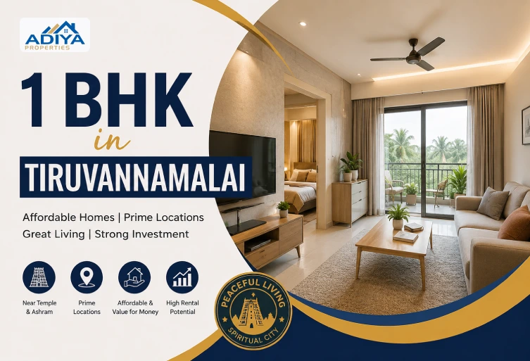 Modern 1 BHK apartment in Tiruvannamalai with stylish interior design and affordable residential property investment concept.