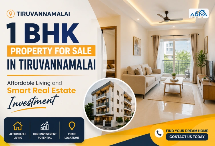 Modern 1 BHK apartment for sale in Tiruvannamalai featuring a stylish living room, premium residential building, and affordable real estate investment opportunities.