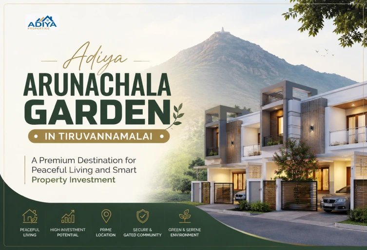 Adiya Arunachala Garden in Tiruvannamalai featuring modern duplex homes, peaceful surroundings, and a premium residential community for smart property investment.