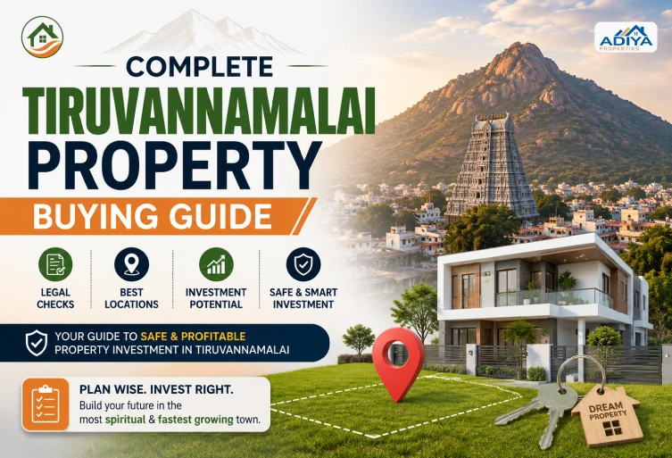 Complete Tiruvannamalai Property Buying Guide featuring Arunachala Hill, modern villa, property investment insights, legal checks, and real estate opportunities in Tiruvannamalai.