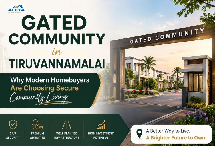 Gated community entrance in Tiruvannamalai featuring modern villas, secure gated access, landscaped roads, premium amenities, and a safe residential environment for modern homebuyers.