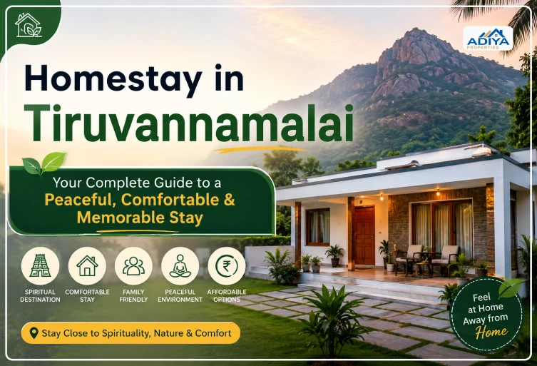 Modern Homestay in Tiruvannamalai thumbnail featuring a peaceful luxury house near Arunachala Hill with the title 'Homestay in Tiruvannamalai – Your Complete Guide to a Peaceful, Comfortable & Memorable Stay'.