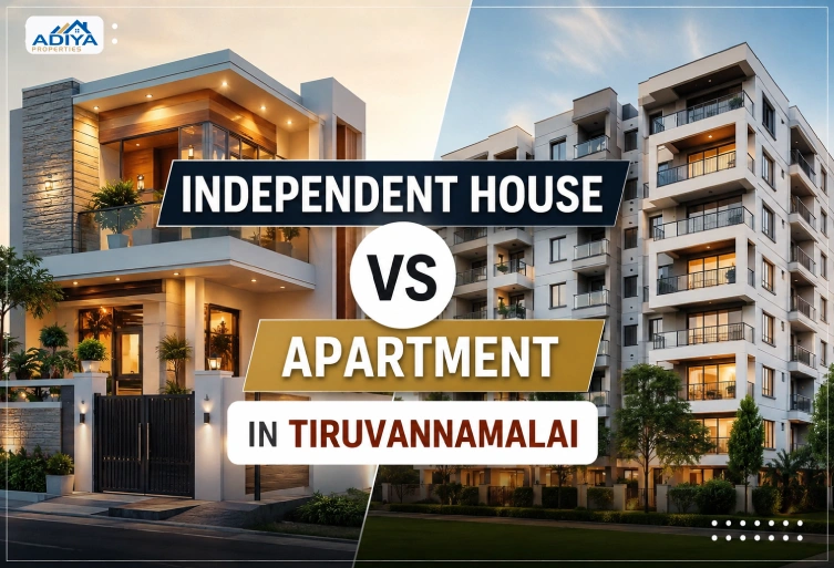 Independent house vs apartment in Tiruvannamalai comparison showing a modern villa and residential apartment for homebuyers.