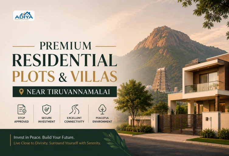 Premium residential plots and modern villas near Tiruvannamalai by Adiya Properties featuring peaceful surroundings, premium living, and smart property investment opportunities.