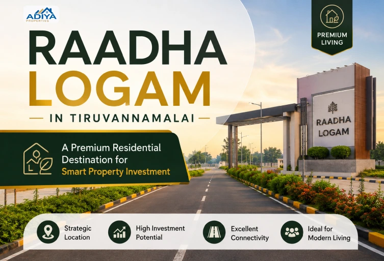 Raadha Logam in Tiruvannamalai premium residential property entrance showcasing modern infrastructure, landscaped roads, excellent connectivity, and smart real estate investment opportunities.