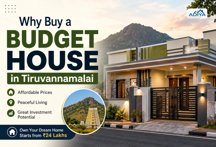 Modern budget house in Tiruvannamalai with Arunachala Hill showcasing affordable homes starting from ₹24 Lakhs for families and property investors.