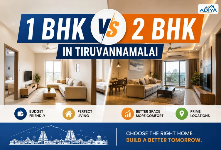 1 BHK vs 2 BHK in Tiruvannamalai comparison showing modern apartment interiors for home buyers and property investors