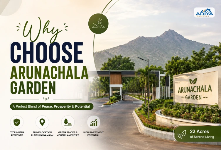 Why Choose Arunachala Garden blog thumbnail featuring a premium gated community entrance, lush greenery, Arunachala Hill in the background, and modern typography highlighting villa and farm plots in Tiruvannamalai.